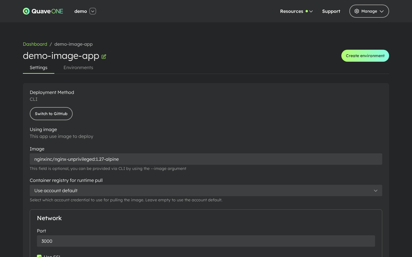 App settings — runtime image pull select