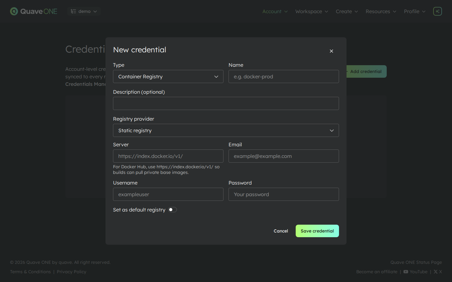 Add credential — empty form