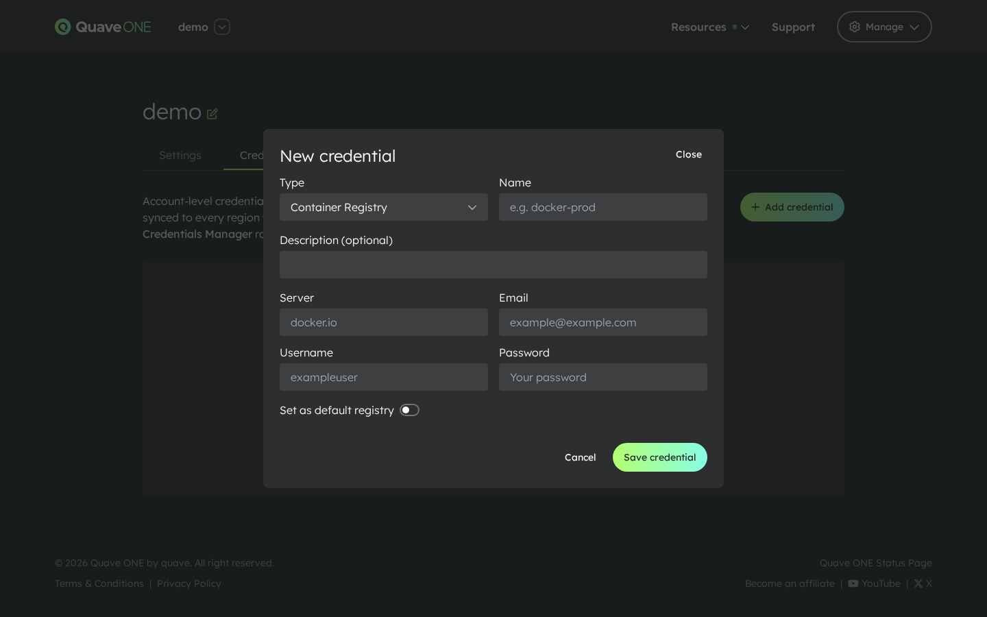 Add credential — empty form