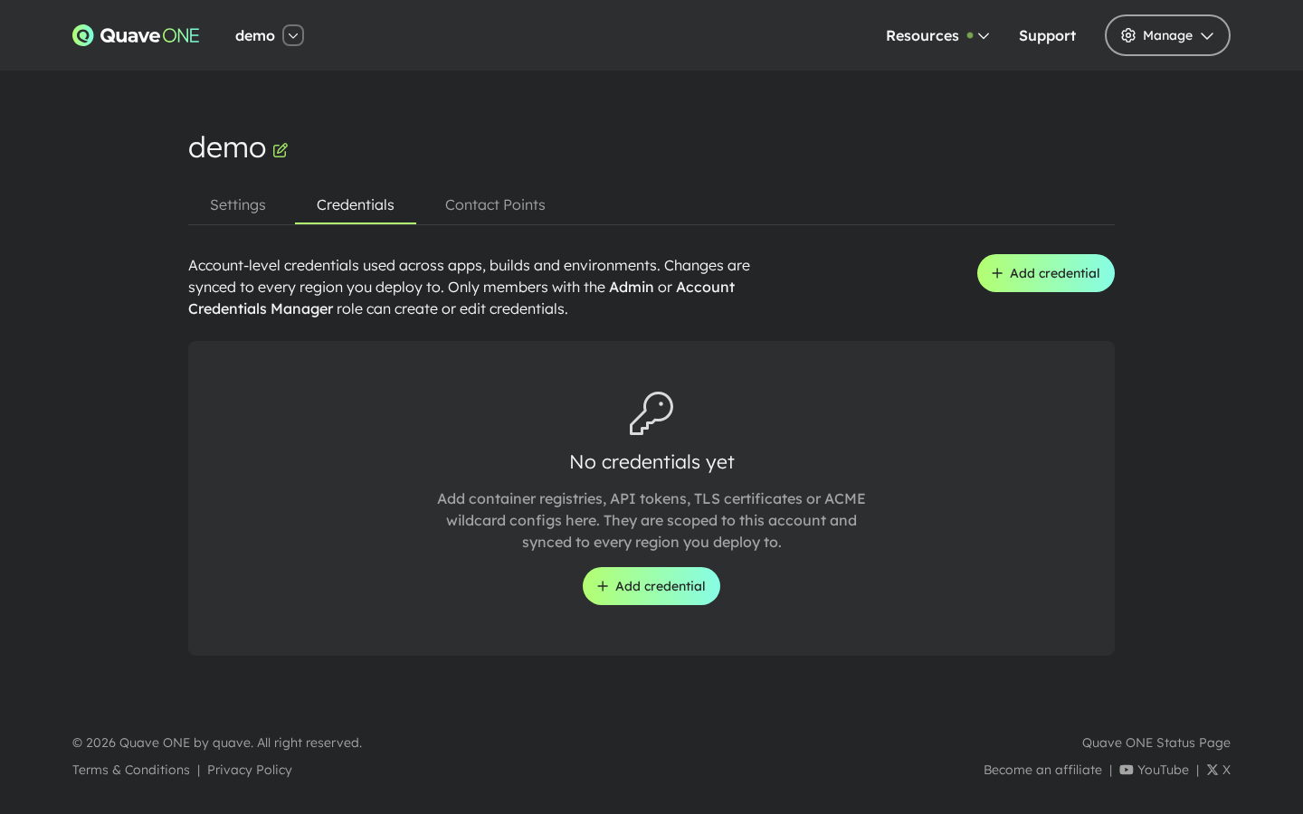 Credentials tab — empty state