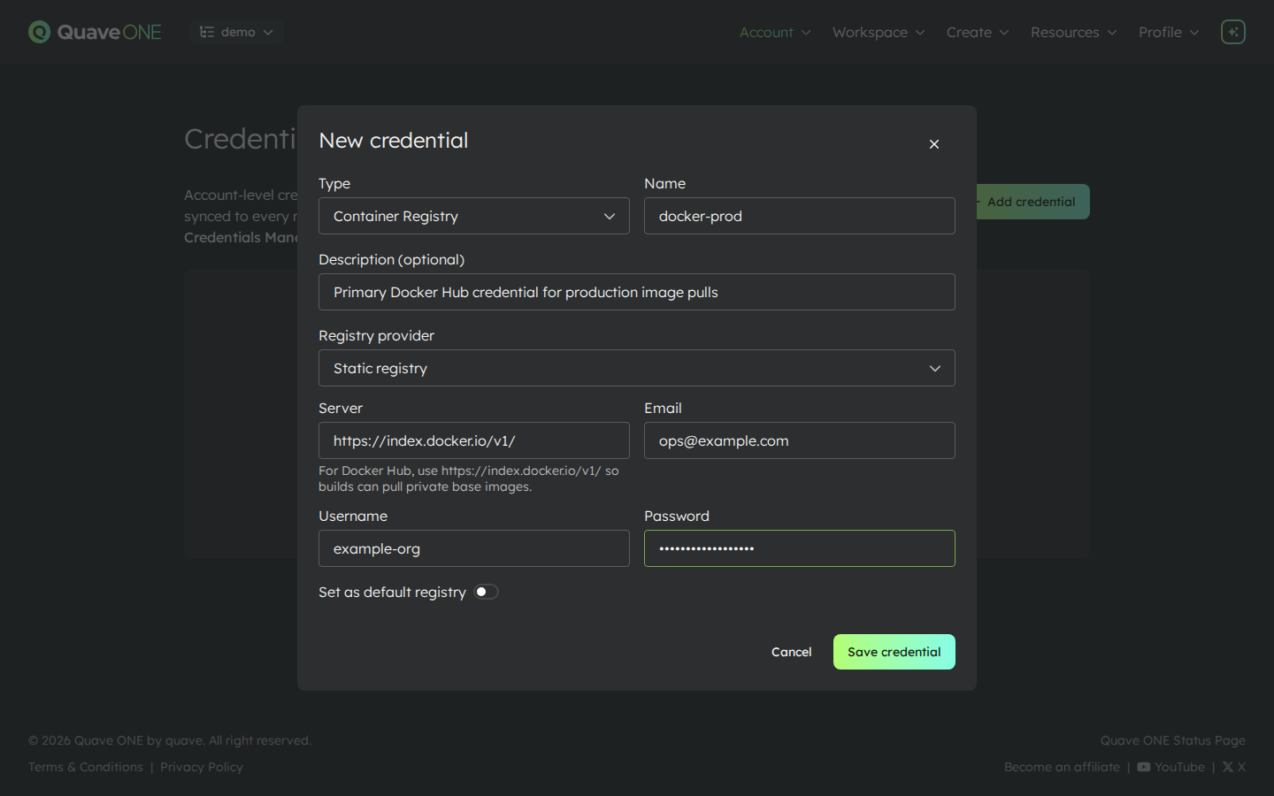 Add credential — Container Registry form filled