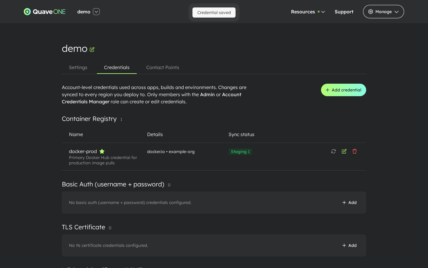 Account Credentials — Container Registry saved