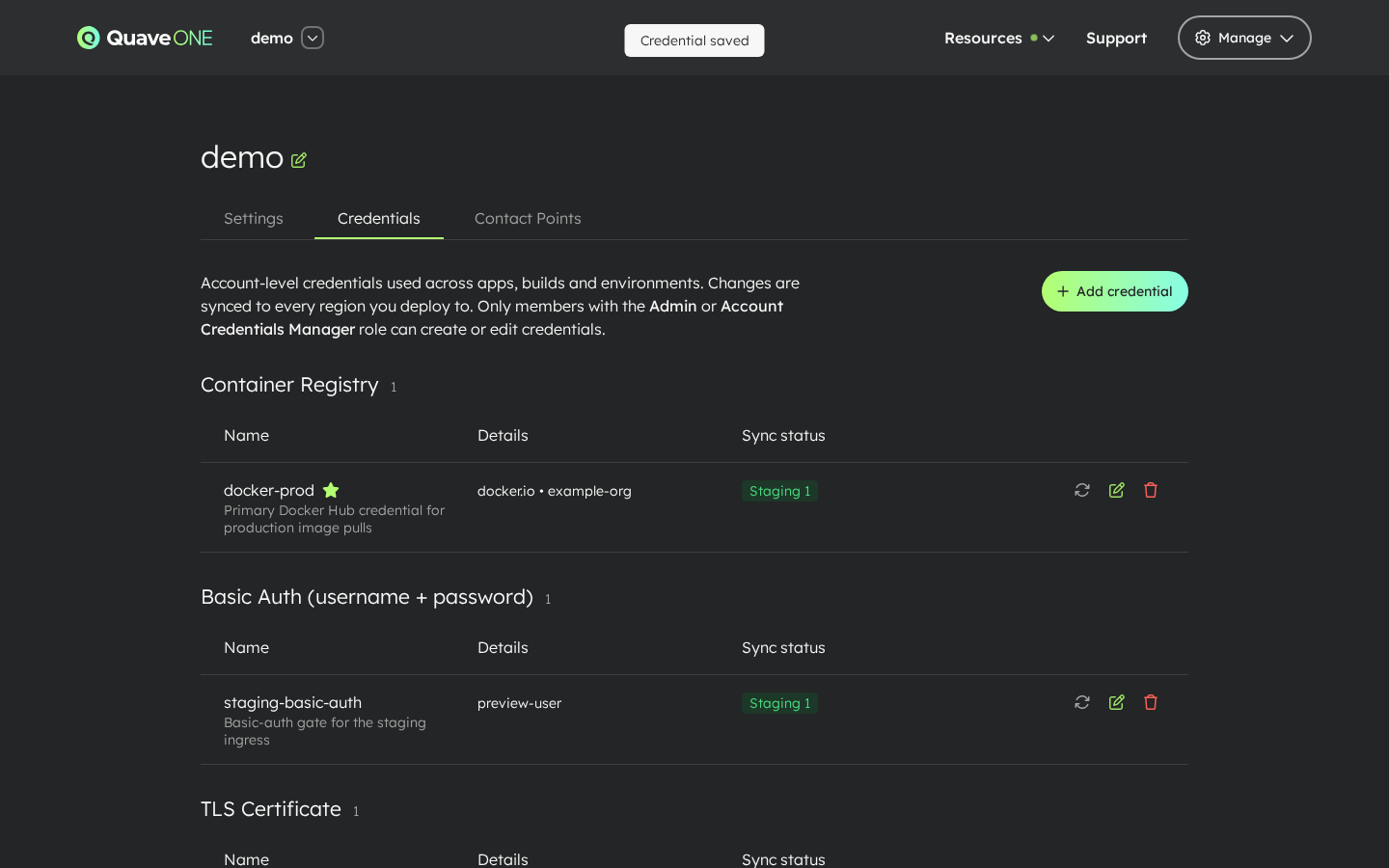 Credentials list — all four types populated
