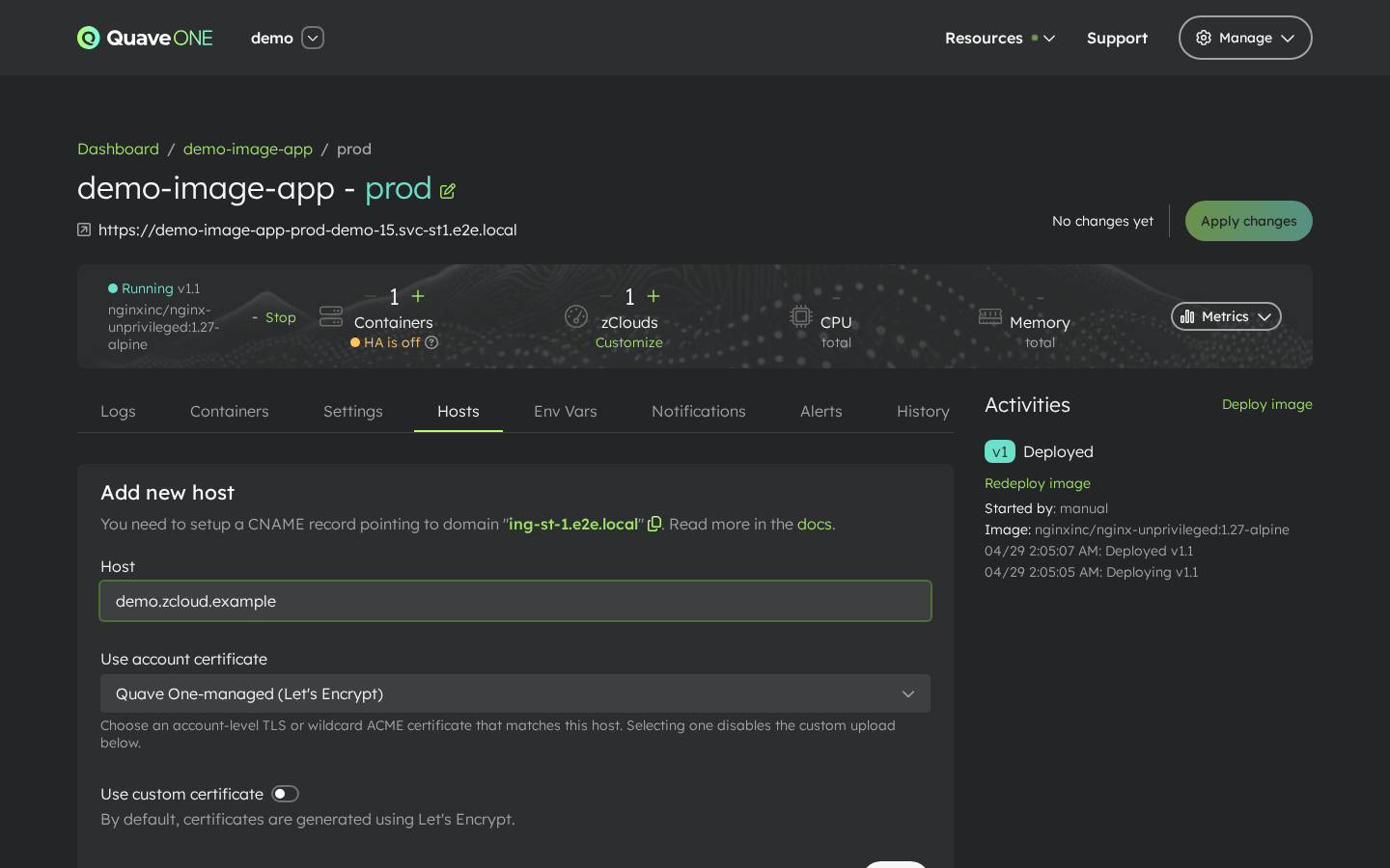 Hosts — Use account certificate select